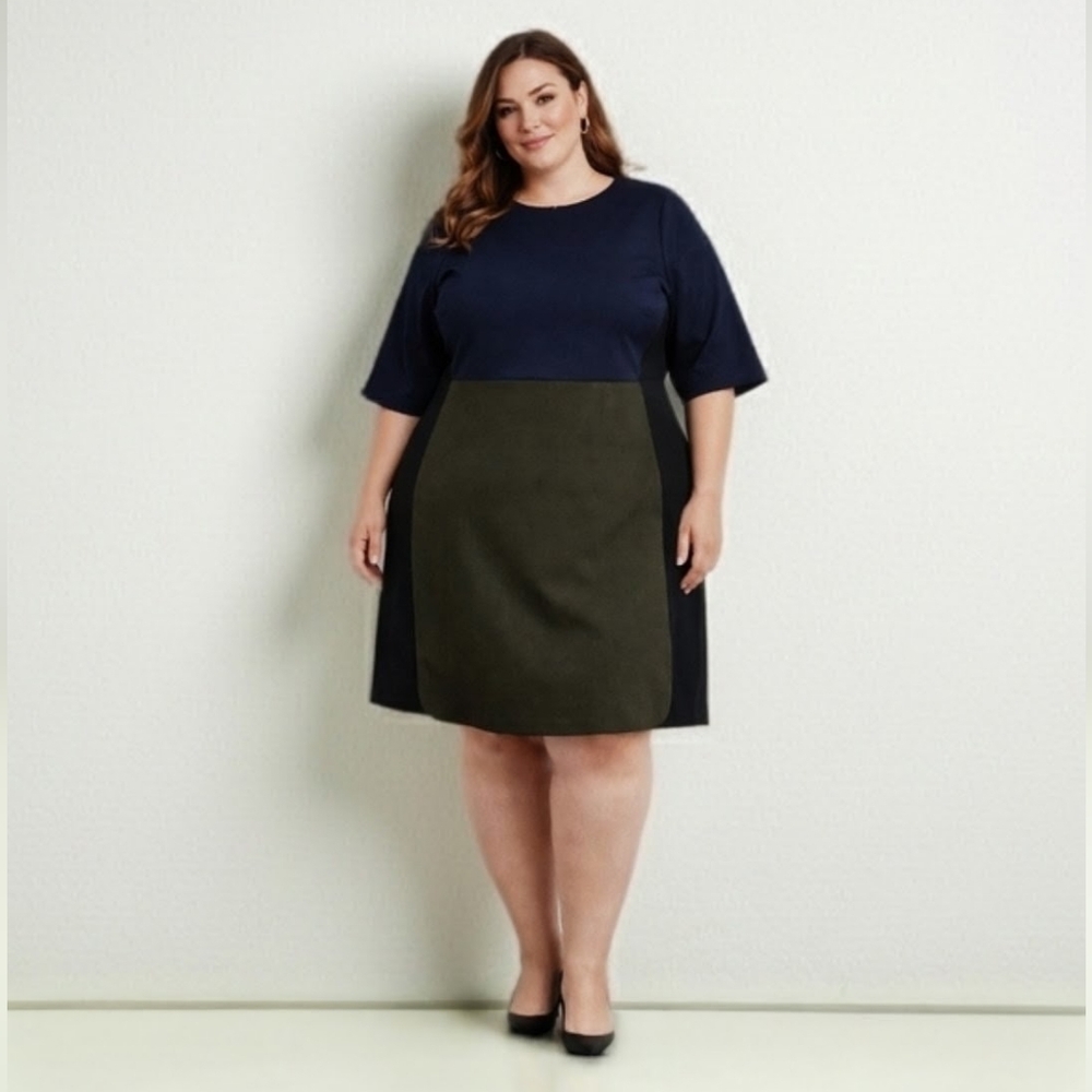 HUTCH Colorblock Navy and Olive A-Line Dress Career Stretch Slimming 16W